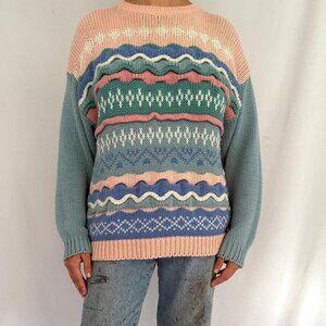 80s vintage pink blue pastel grandmacore funky textured acrylic knit sweater